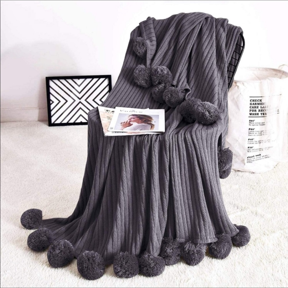 NEW Knit Blanket with Poms 51 x 63 All Cotton